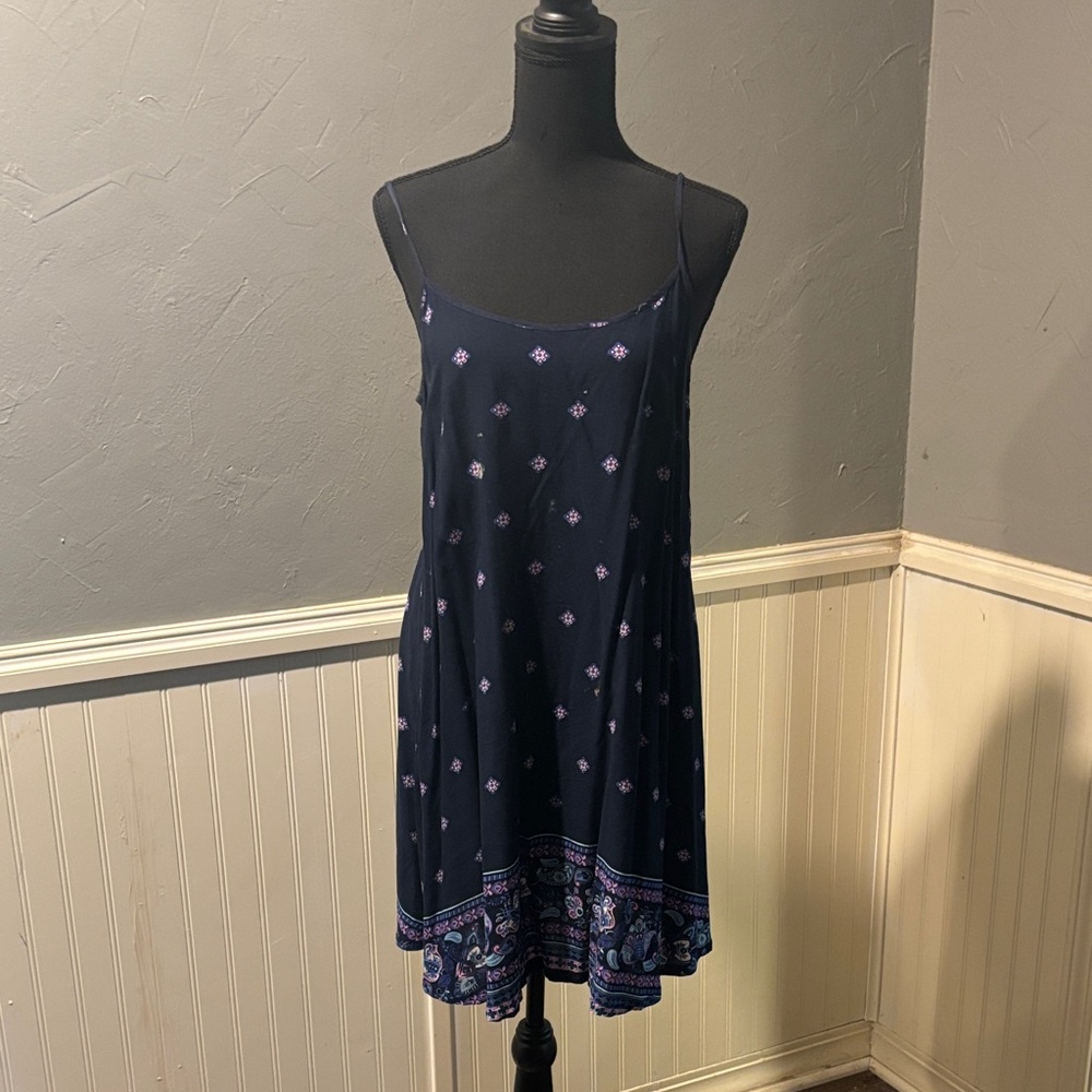 Navy Floral Slip Mini Dress with Border Hem